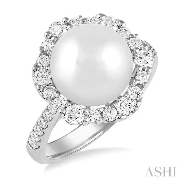 10 MM Cultured Pearl and 3/4 ctw Hexagon Shape Round Cut Diamond Ring in 14K White Gold