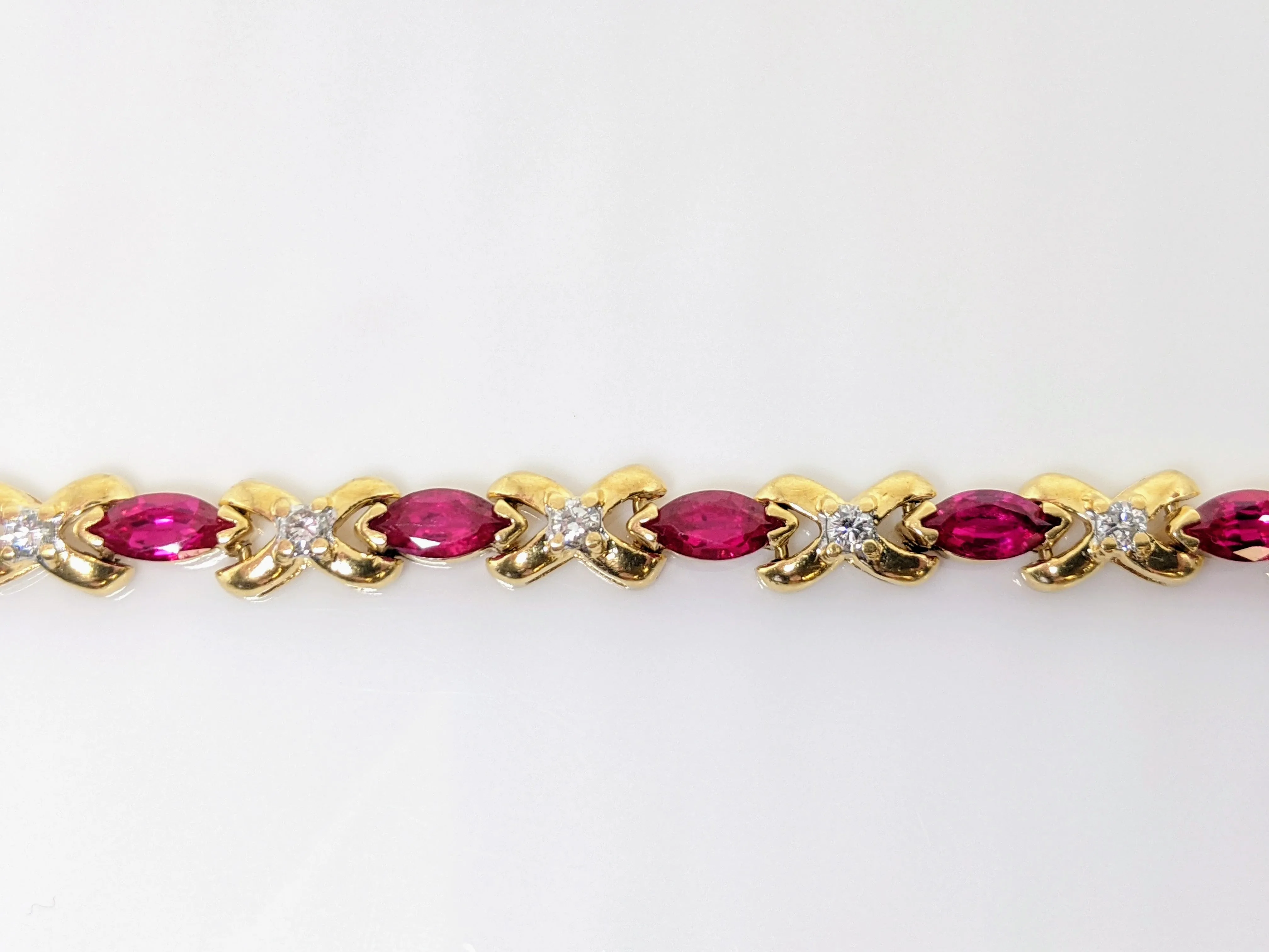 10K SYNTHETIC RUBY MARQUISE CUT 3.5X7 WITH .70 DIAMOND TOTAL WEIGHT ESTATE BRACELET 15.8 GRAMS