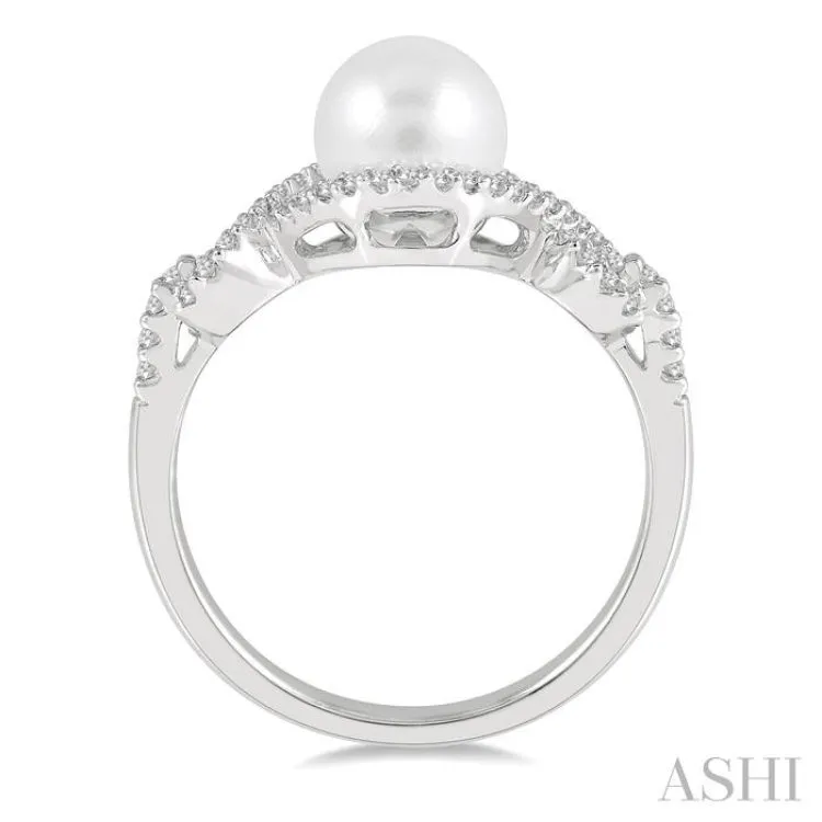1/5 Ctw Twisted Open Lattice 7 MM Cultured Pearl and Round Cut Diamond Ring in 10K White Gold