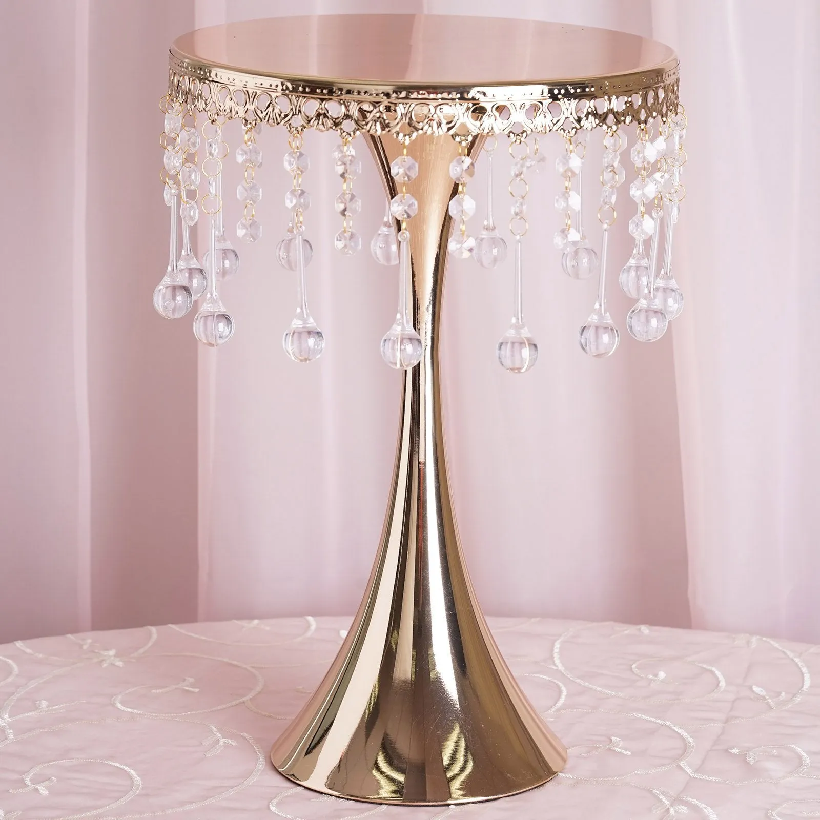 17" Tall Gold Metallic Trumpet Cake Riser Centerpiece with hanging Acrylic Crystal Chains