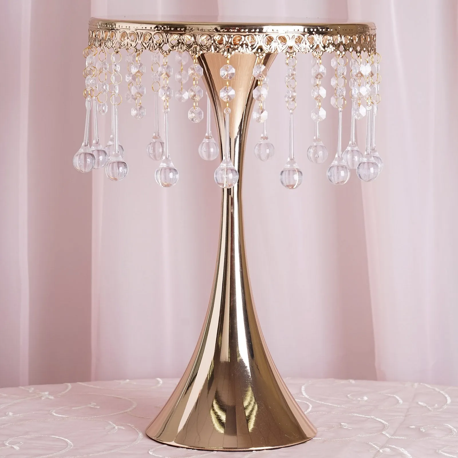 17" Tall Gold Metallic Trumpet Cake Riser Centerpiece with hanging Acrylic Crystal Chains