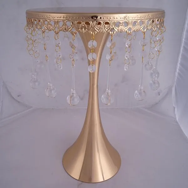 17" Tall Gold Metallic Trumpet Cake Riser Centerpiece with hanging Acrylic Crystal Chains