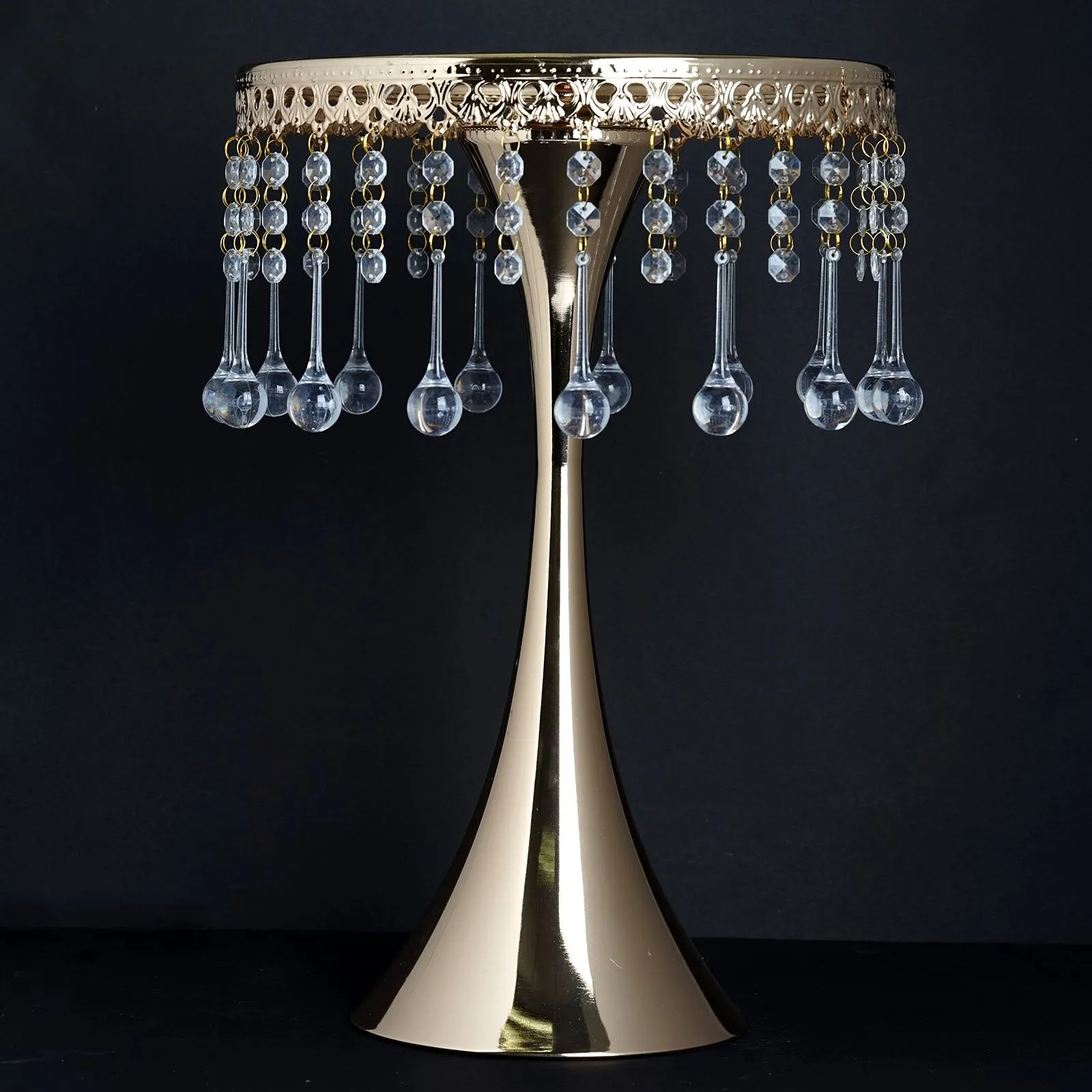 17" Tall Gold Metallic Trumpet Cake Riser Centerpiece with hanging Acrylic Crystal Chains
