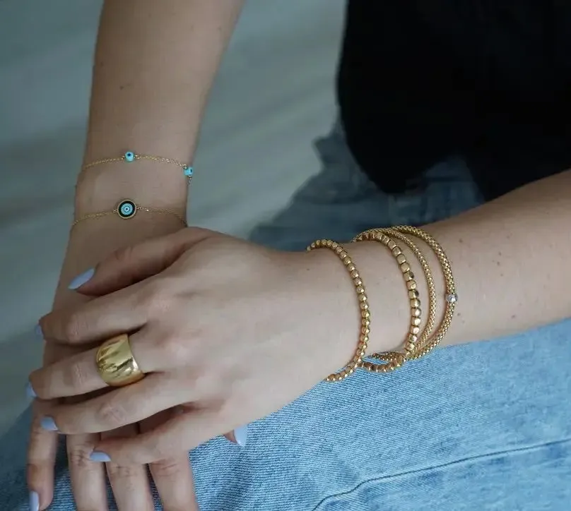 18k Solid Yellow Gold Elastic Popcorn Style Bracelet