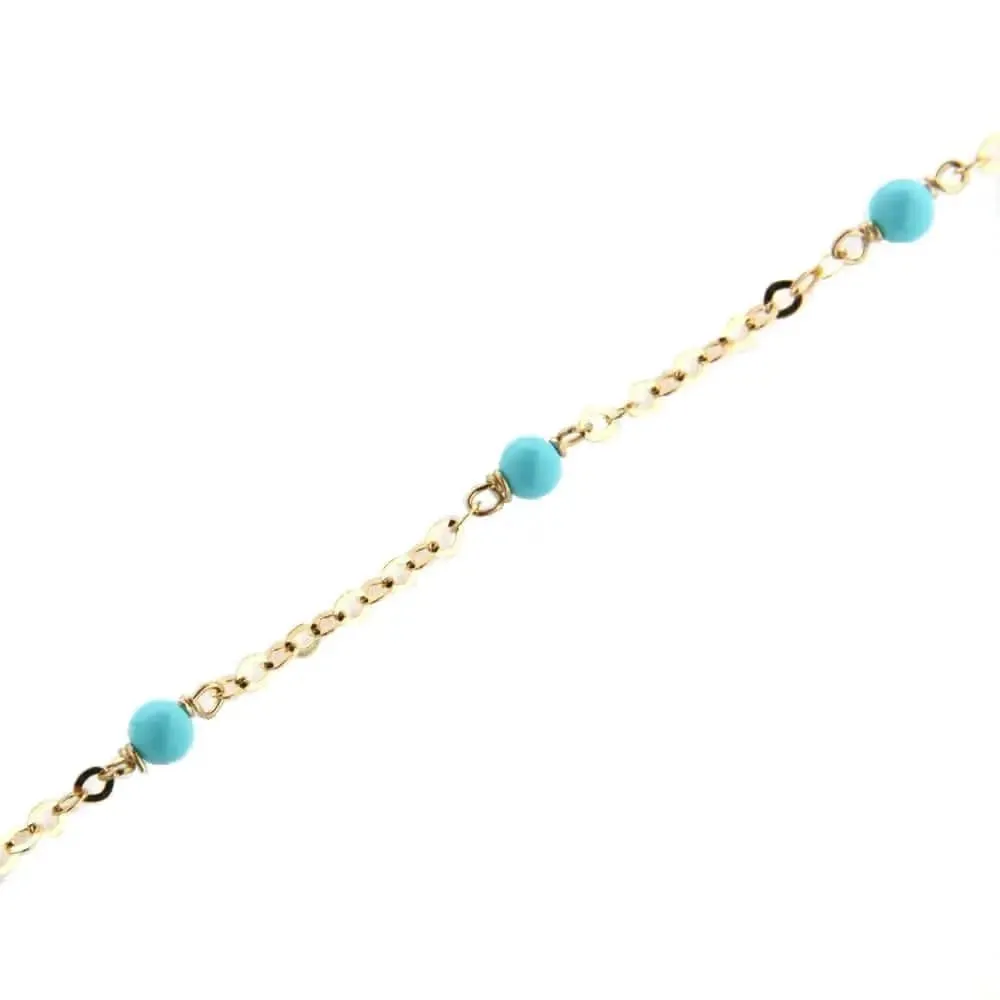 18K Yellow Gold Turquoise Beads Diamond Cut Chain Bracelet