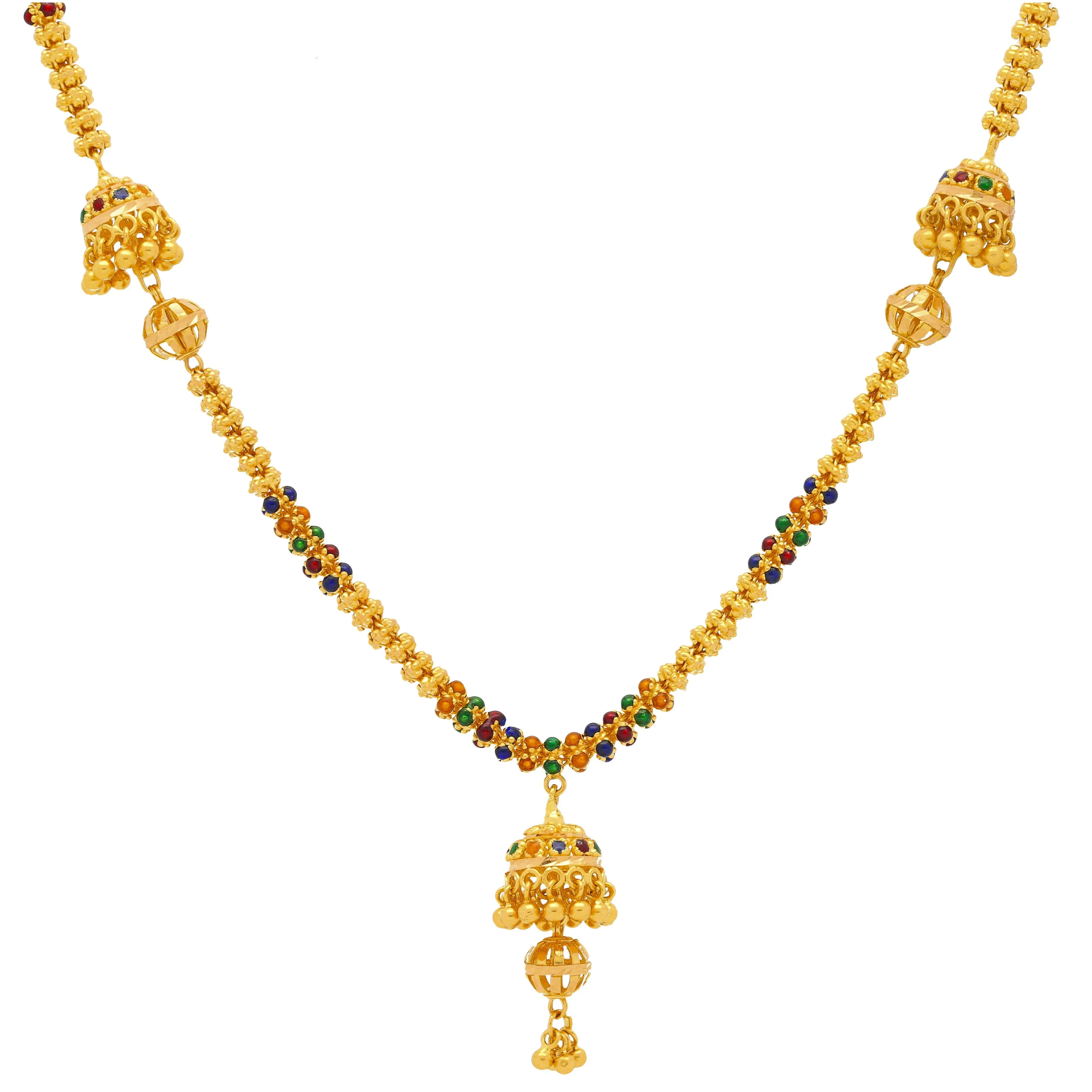 22K Yellow Gold Meenakari Necklace & Earrings Set W/ Jhumki Drop Accents