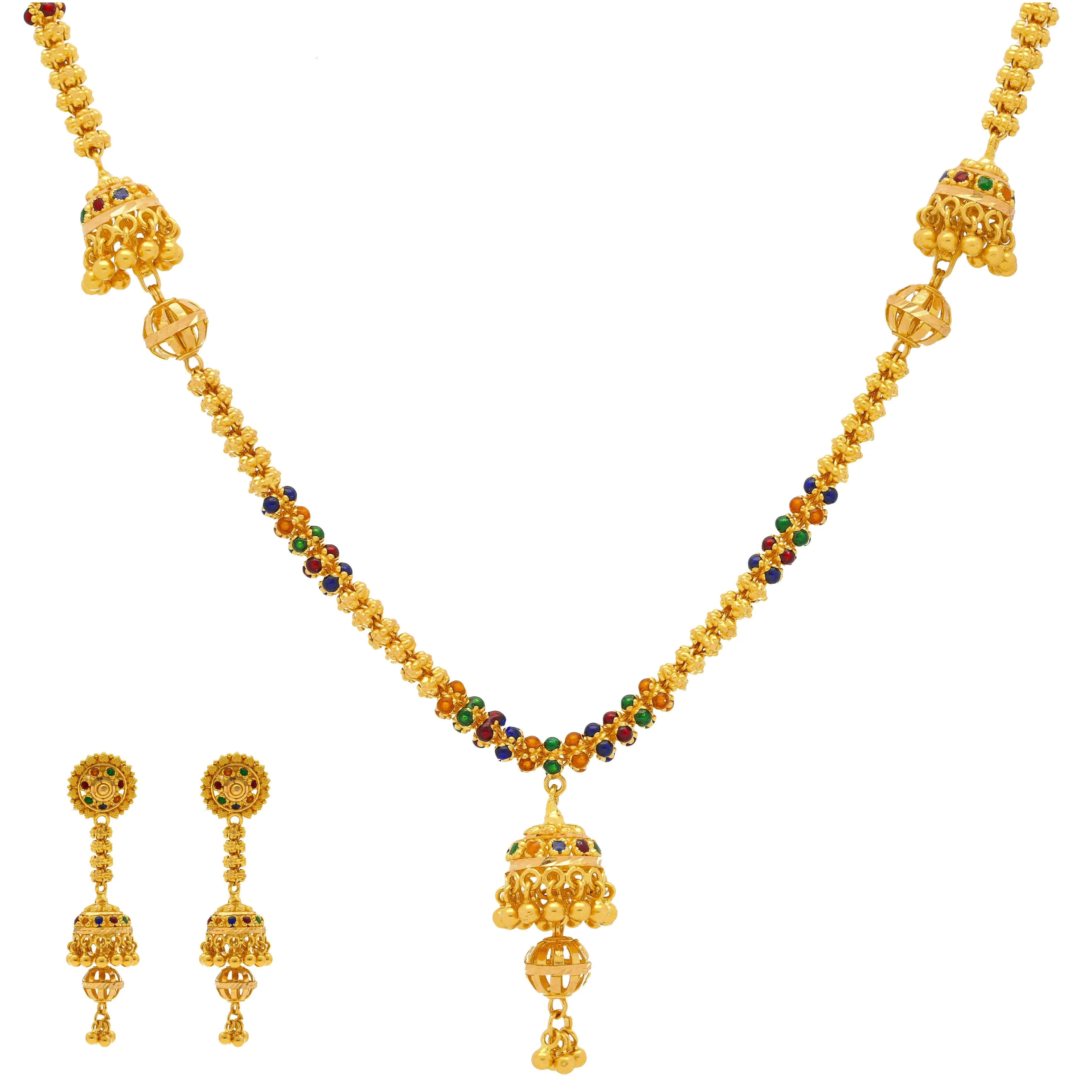 22K Yellow Gold Meenakari Necklace & Earrings Set W/ Jhumki Drop Accents