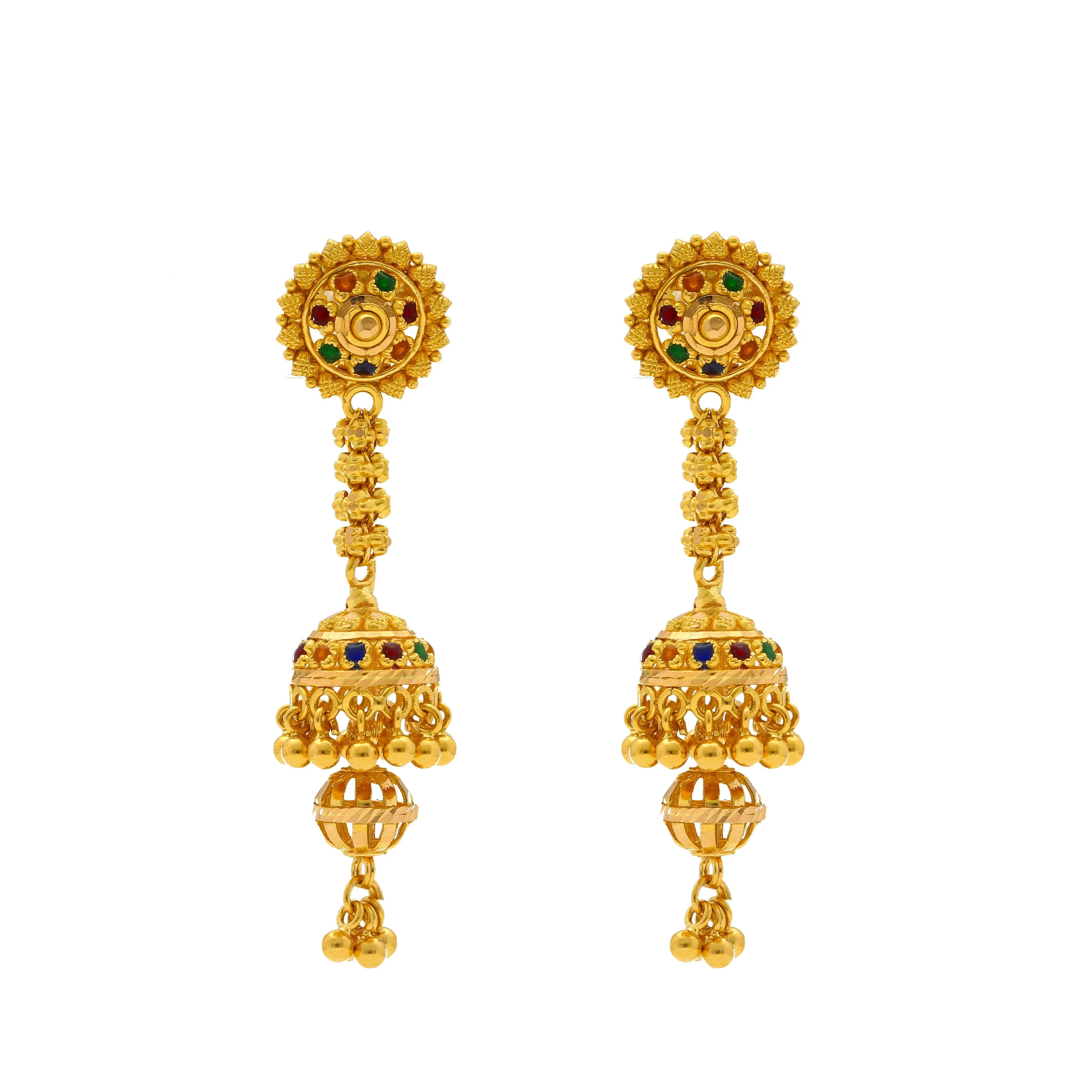 22K Yellow Gold Meenakari Necklace & Earrings Set W/ Jhumki Drop Accents