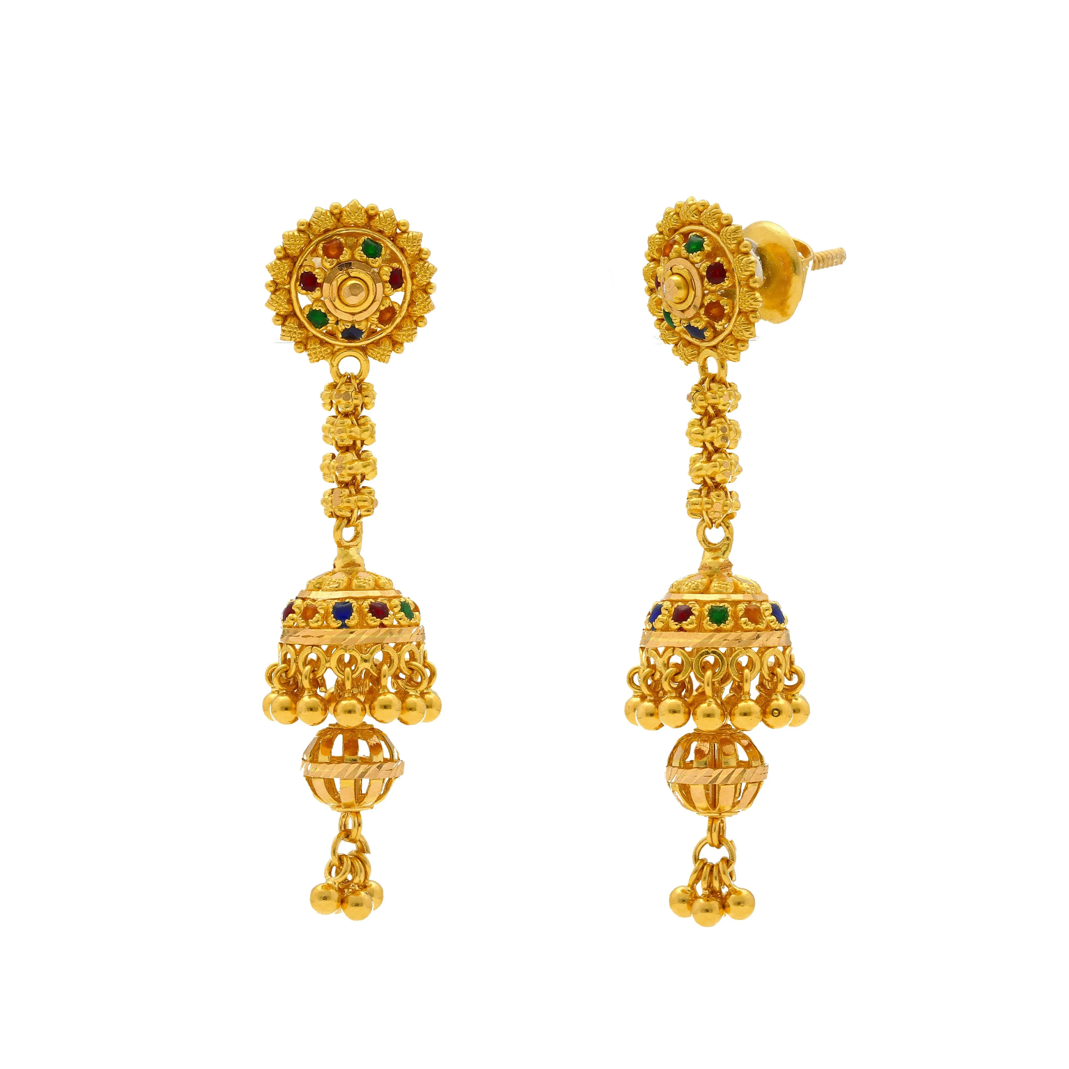 22K Yellow Gold Meenakari Necklace & Earrings Set W/ Jhumki Drop Accents