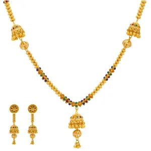 22K Yellow Gold Meenakari Necklace & Earrings Set W/ Jhumki Drop Accents
