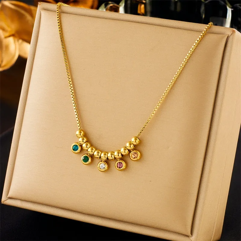 316L Stainless Steel Colorful Zircon Beads Pendant Necklace For Women