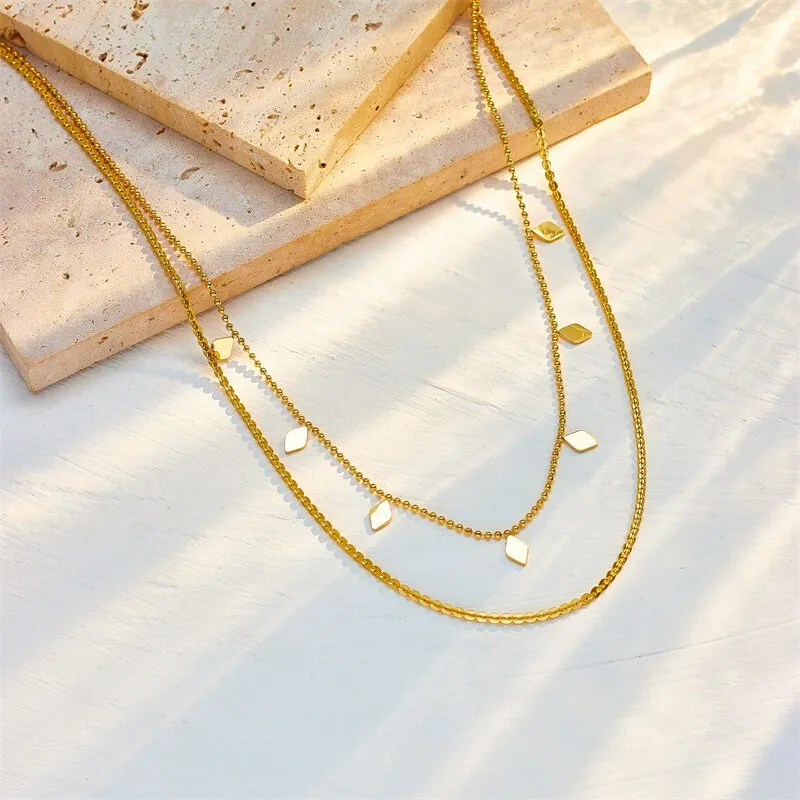 316L Stainless Steel Gold Color Multilayer Chains Rhombic Necklace For Women