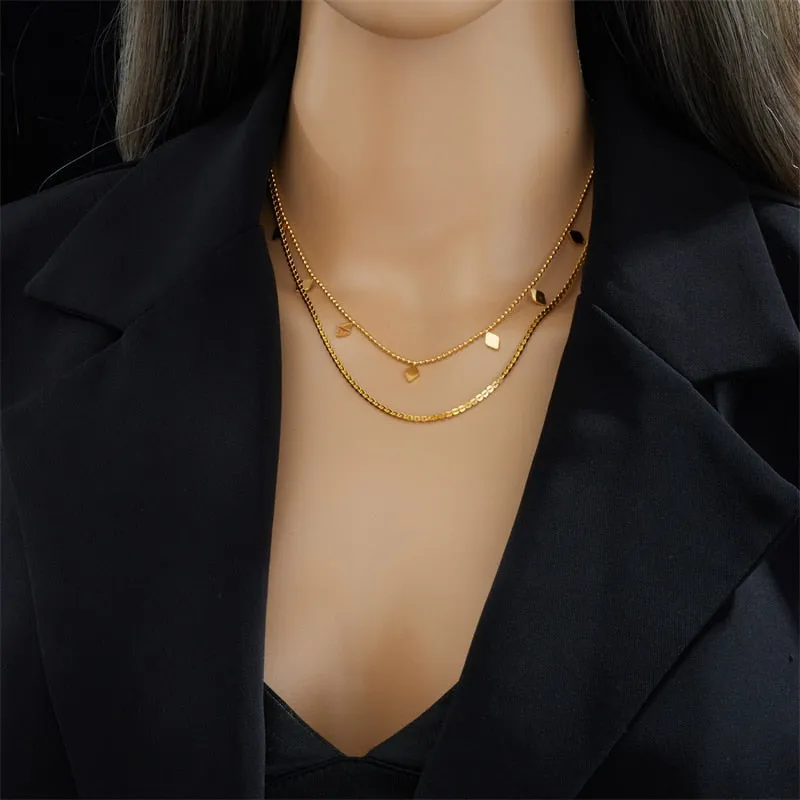 316L Stainless Steel Gold Color Multilayer Chains Rhombic Necklace For Women