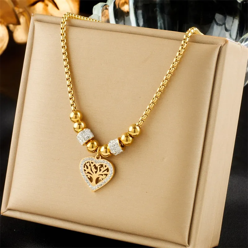316L Stainless Steel Heart-Shaped Tree Pendant Necklace For Women