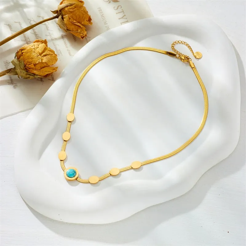 316L Stainless Steel Round Roman Numerals Blue Stone Necklace For Women