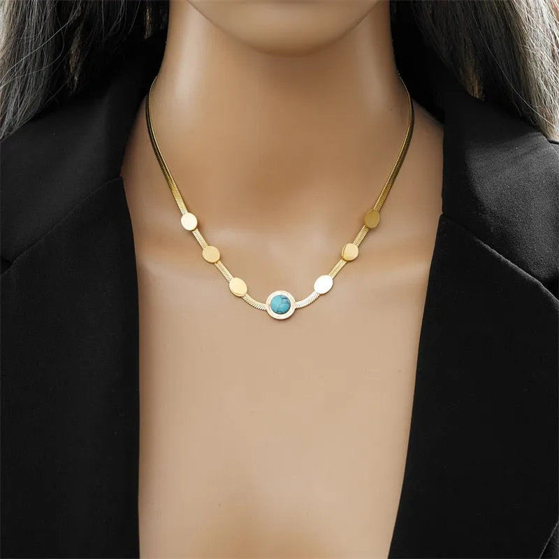 316L Stainless Steel Round Roman Numerals Blue Stone Necklace For Women