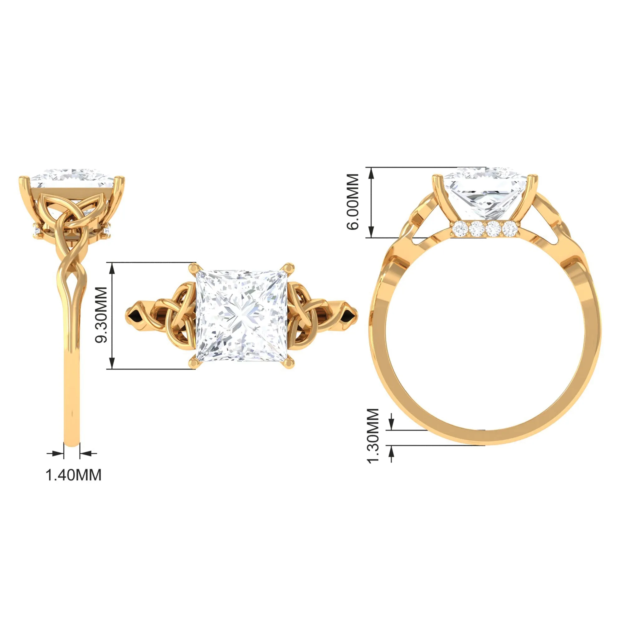 8 MM Princess Cut Moissanite Solitaire Celtic Knot Engagement Ring