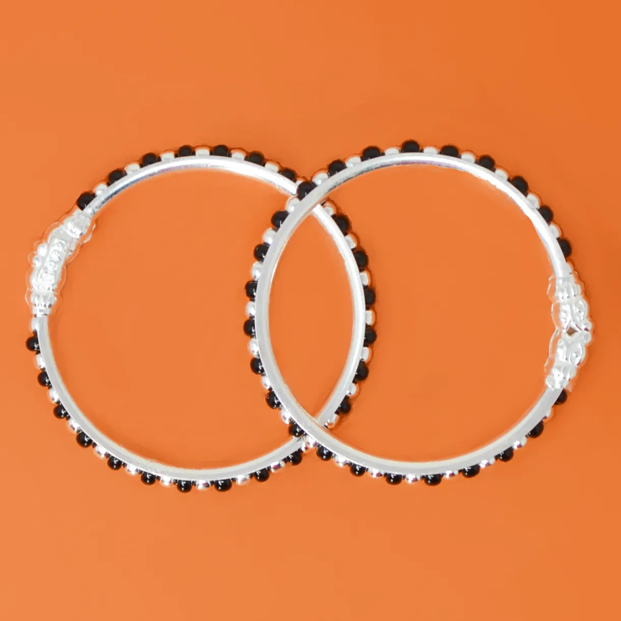 925 Silver Unisex Black beaded Baby Bangle Set - Heavy Design (Design 101)
