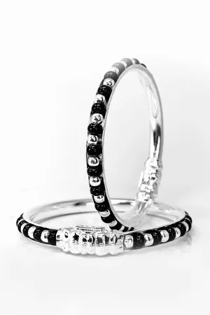 925 Silver Unisex Black beaded Baby Bangle Set - Heavy Design (Design 101)