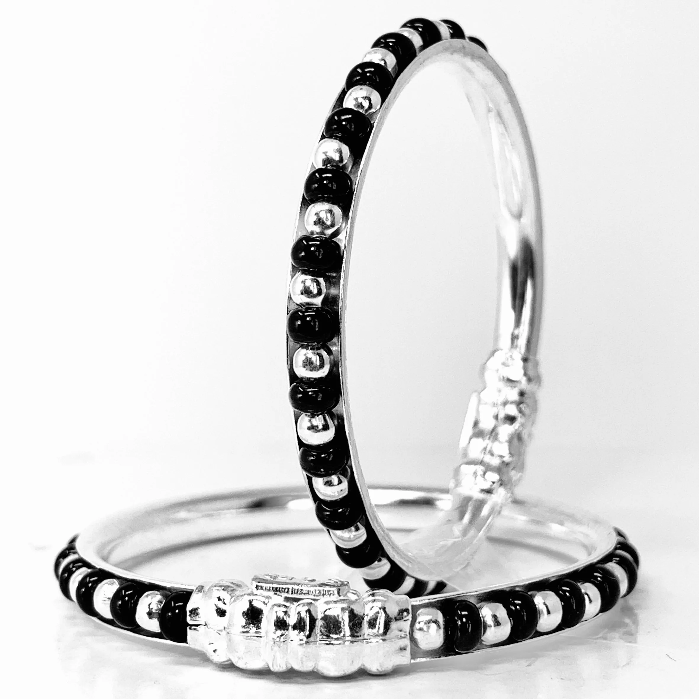 925 Silver Unisex Black beaded Baby Bangle Set - Heavy Design (Design 101)