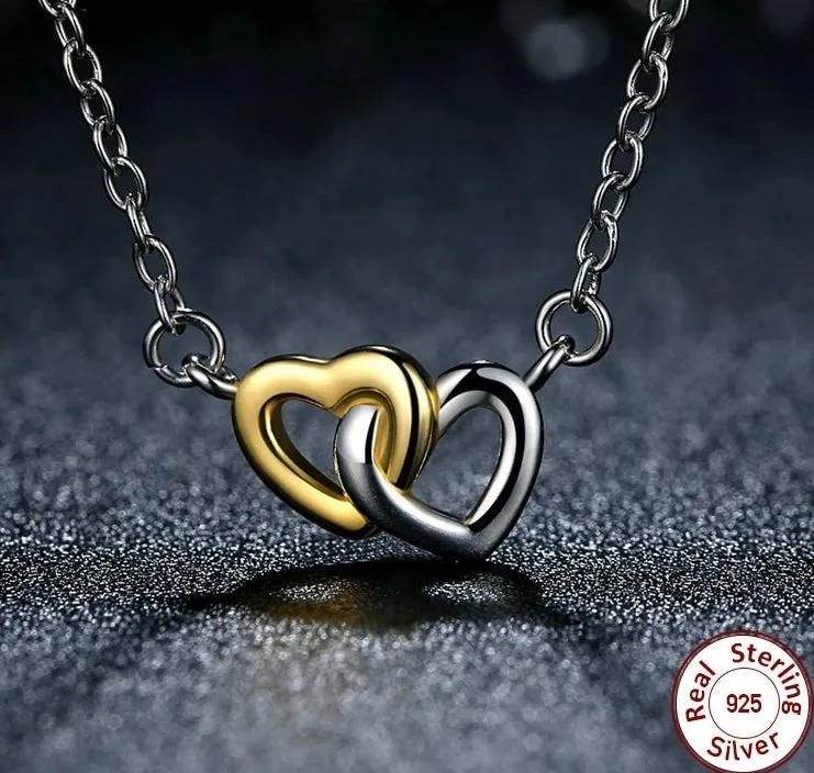 925 Sterling Silver Gold and Silver Connected Hearts Pendant Necklace