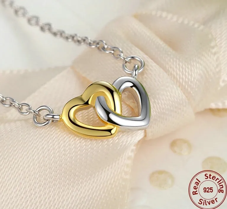 925 Sterling Silver Gold and Silver Connected Hearts Pendant Necklace