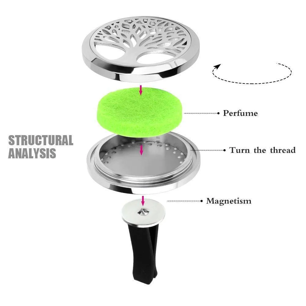 abooxiu 2 Pack Car Aromatherapy Essential Oil Diffuser Vent Clip, Stainless Steel Air Freshener Lockets 24 Felt Pads (Tree   Sunflower)