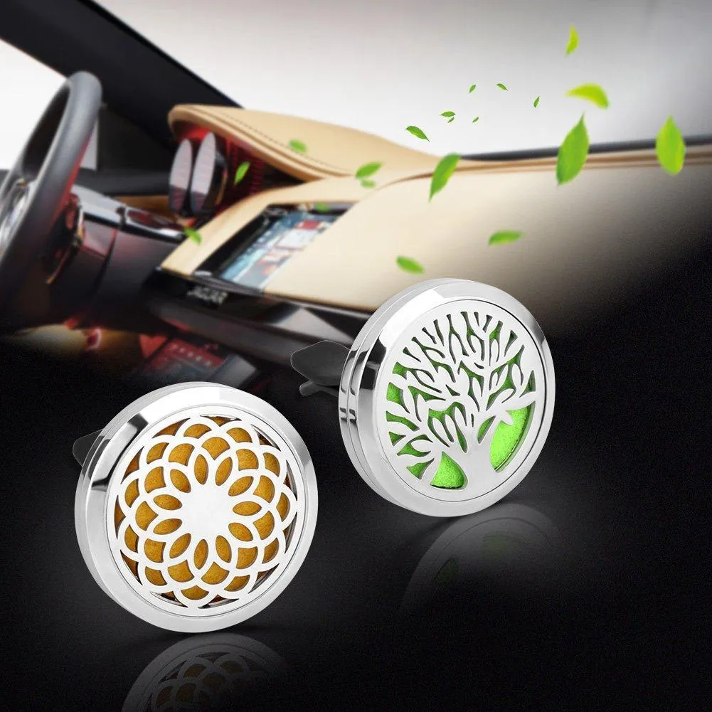 abooxiu 2 Pack Car Aromatherapy Essential Oil Diffuser Vent Clip, Stainless Steel Air Freshener Lockets 24 Felt Pads (Tree   Sunflower)