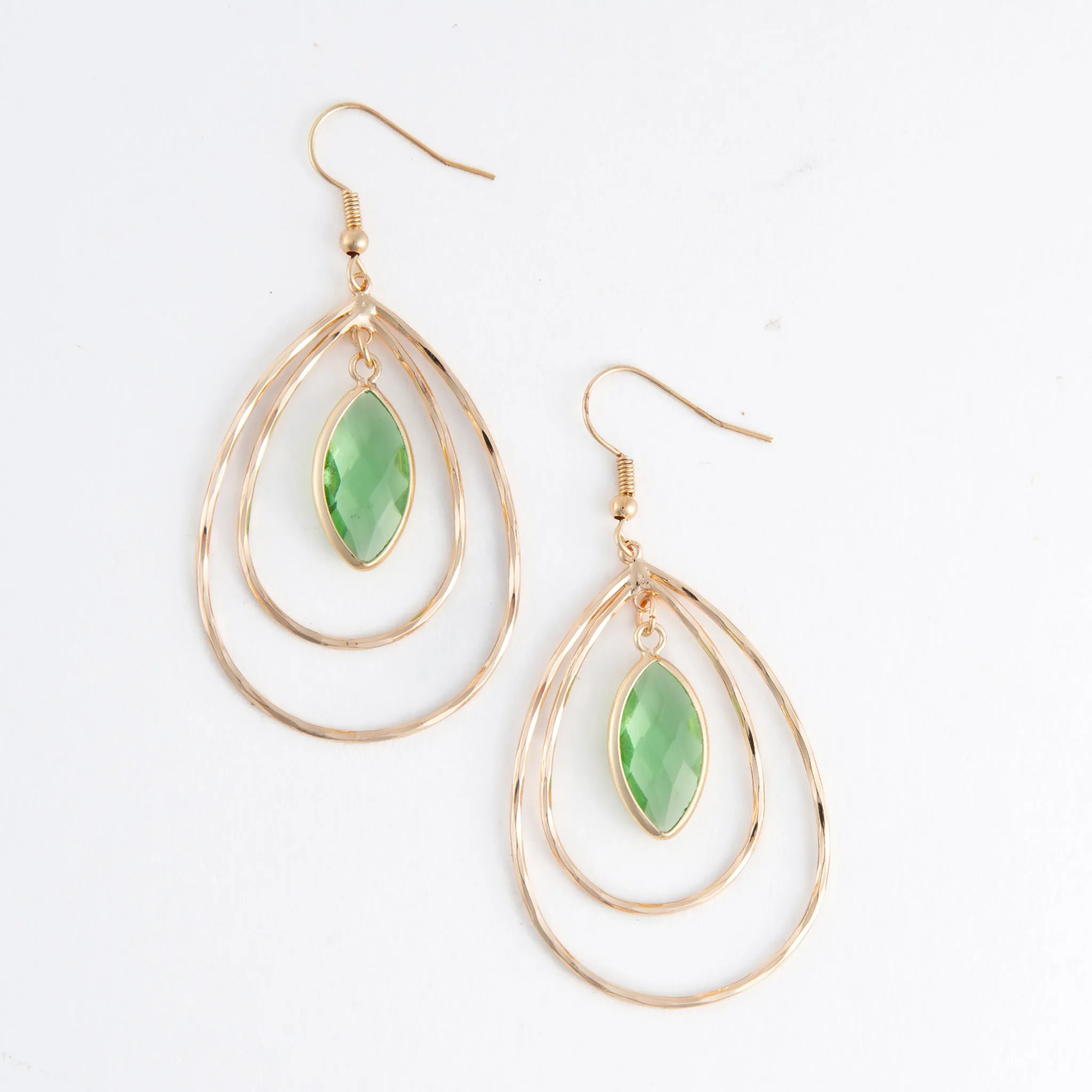 Acadia Faceted Green Glass Gold Double Teardrop Earrings