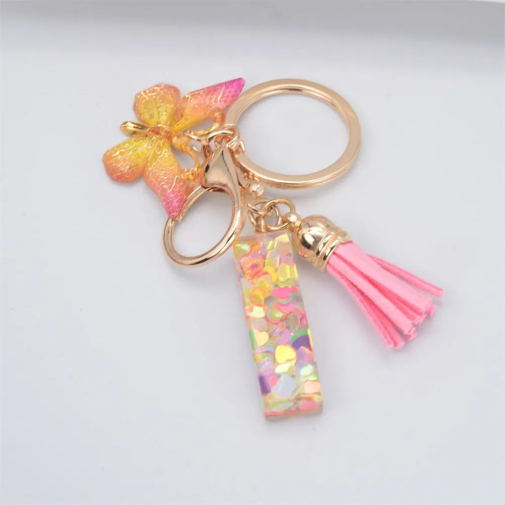 Acrylic Butterfly Letter Keychains English Alphabet Crystal Women Key Chains