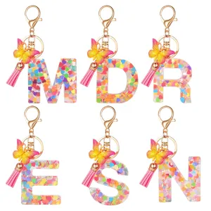 Acrylic Butterfly Letter Keychains English Alphabet Crystal Women Key Chains