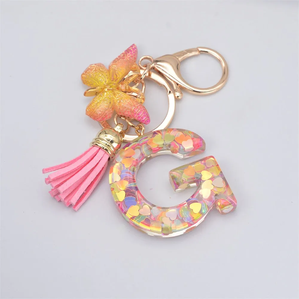 Acrylic Butterfly Letter Keychains English Alphabet Crystal Women Key Chains