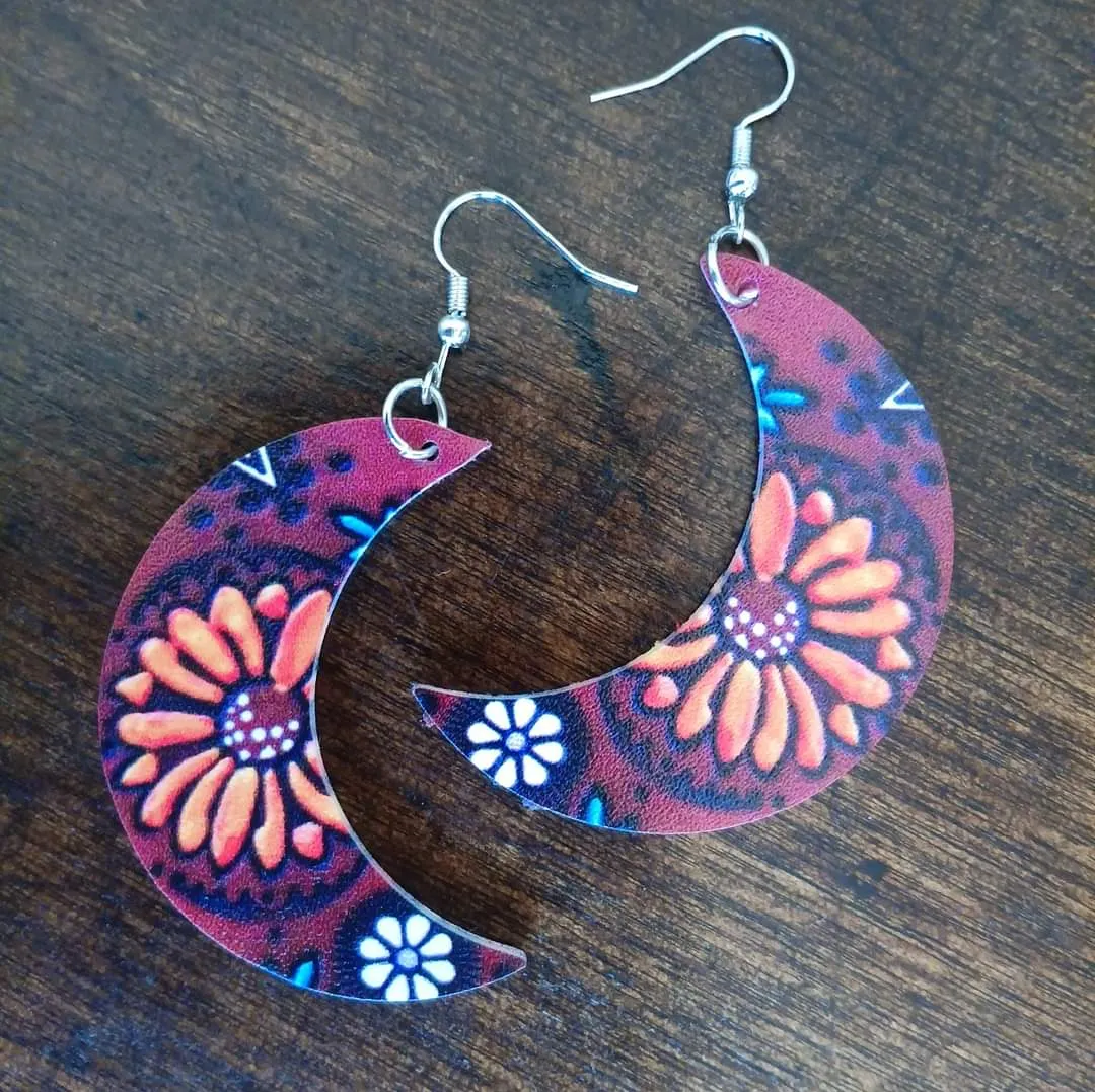 Adorable Southern Boho Vibes Floral Moon PU Leather Earrings
