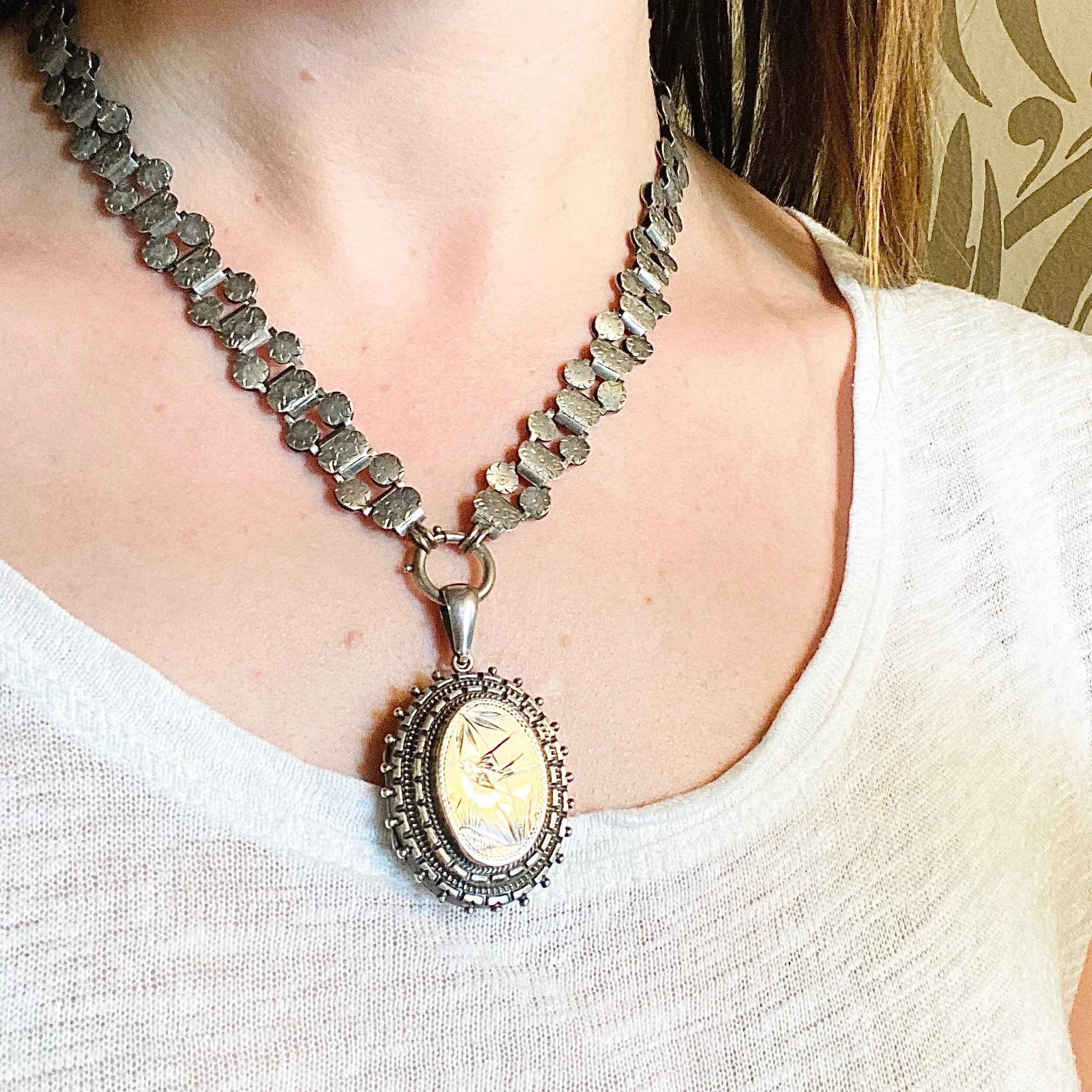 Aesthetic Movement Sterling Book Chain & Engraved Locket
