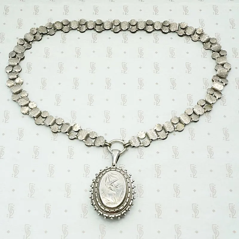 Aesthetic Movement Sterling Book Chain & Engraved Locket