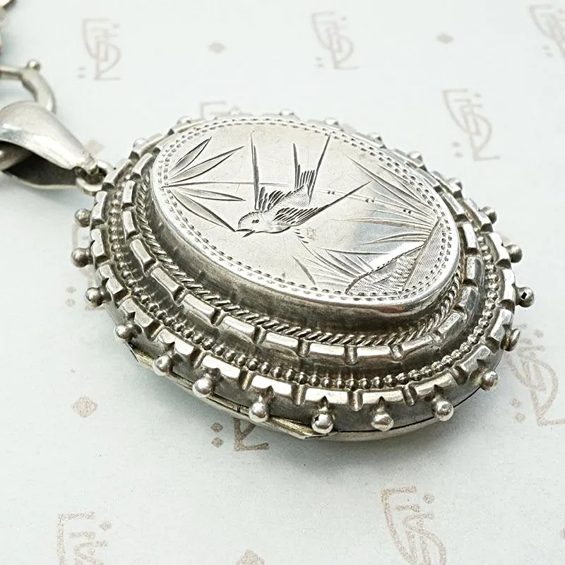 Aesthetic Movement Sterling Book Chain & Engraved Locket