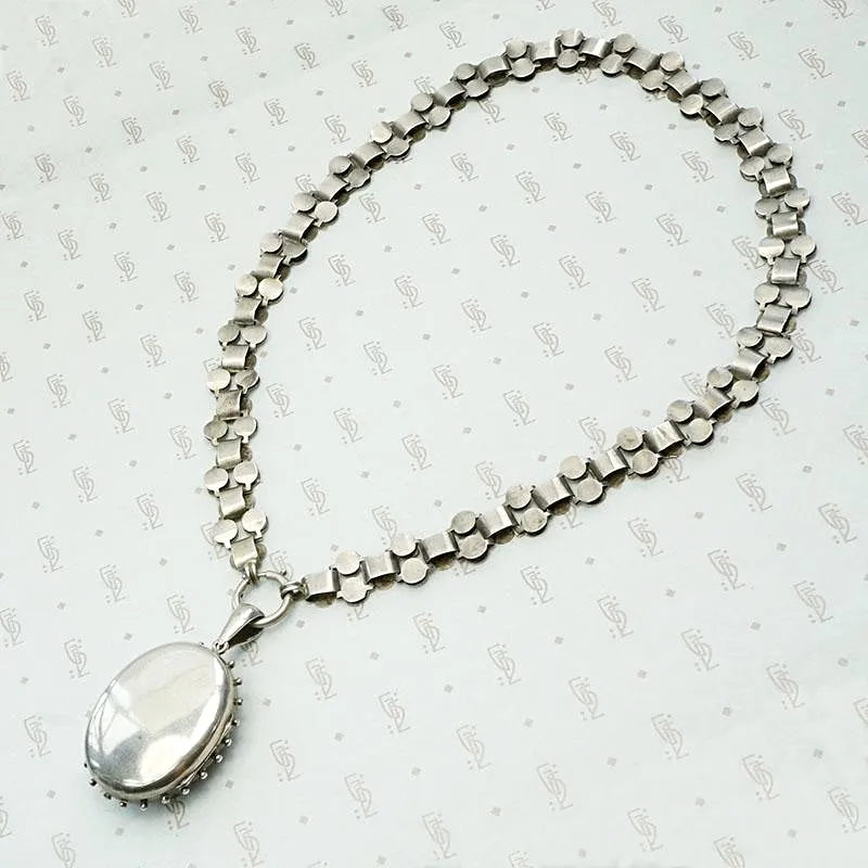 Aesthetic Movement Sterling Book Chain & Engraved Locket