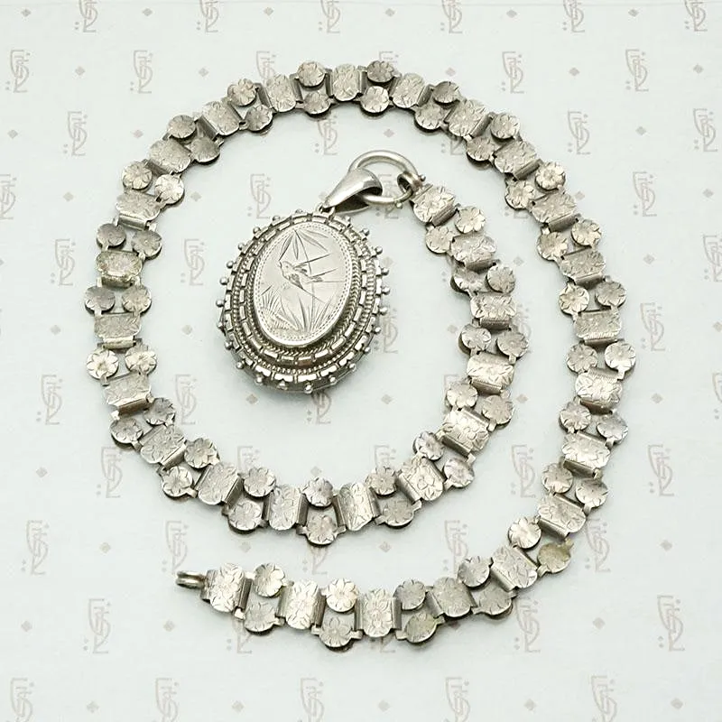 Aesthetic Movement Sterling Book Chain & Engraved Locket