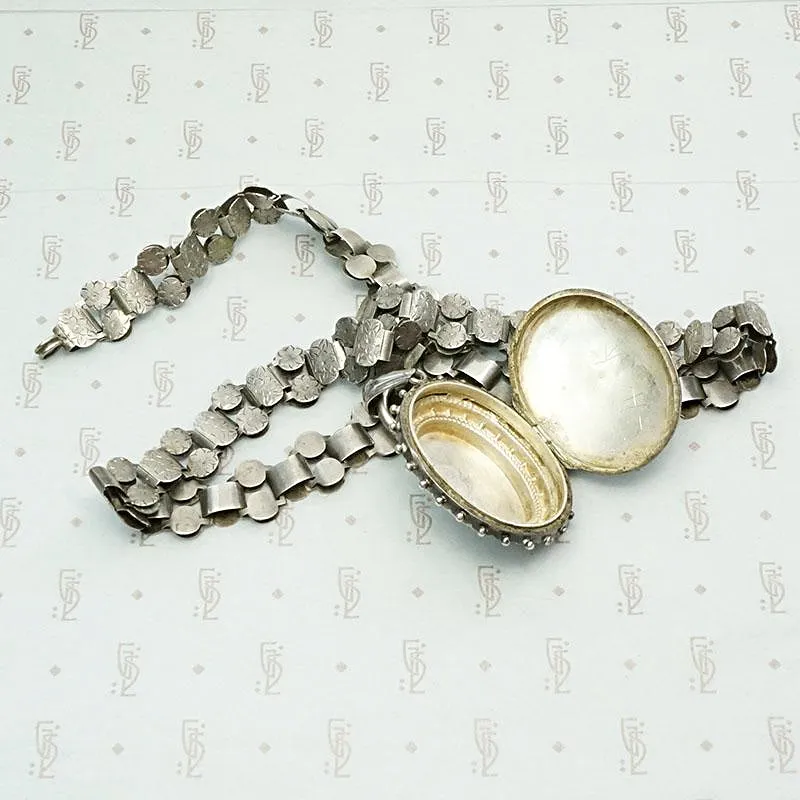 Aesthetic Movement Sterling Book Chain & Engraved Locket
