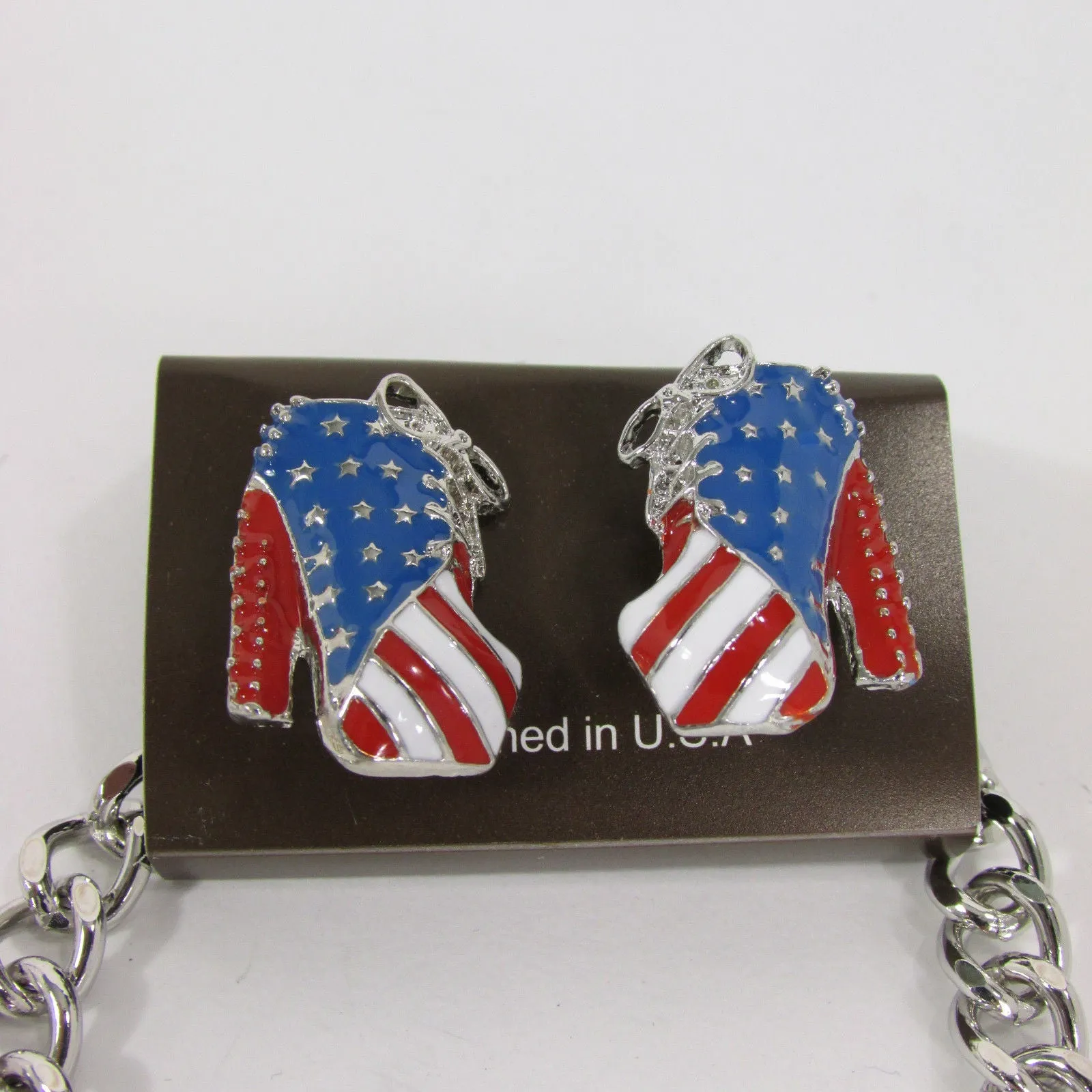 American USA Flag Patriotic Large Bootie Charm Short Necklace
