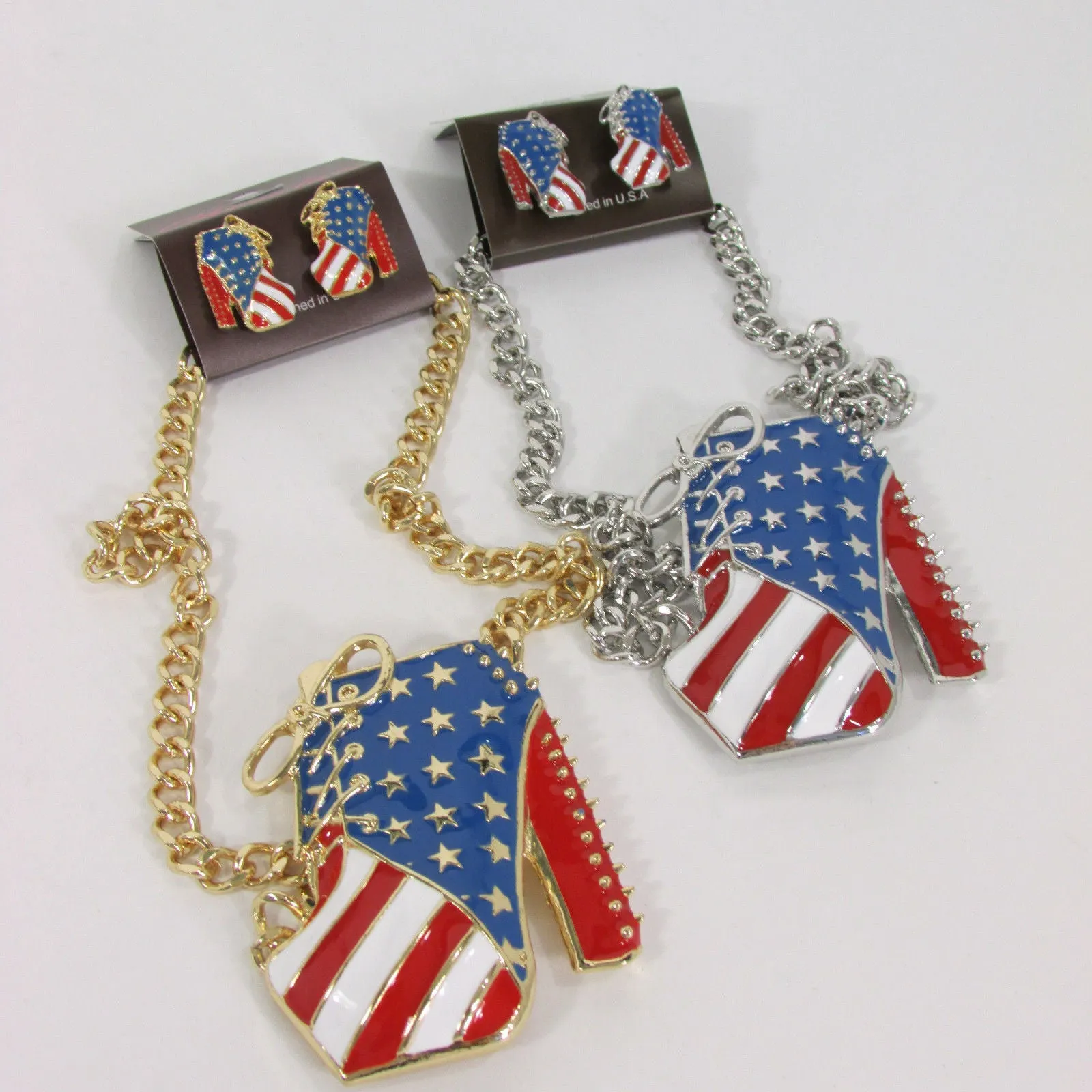 American USA Flag Patriotic Large Bootie Charm Short Necklace
