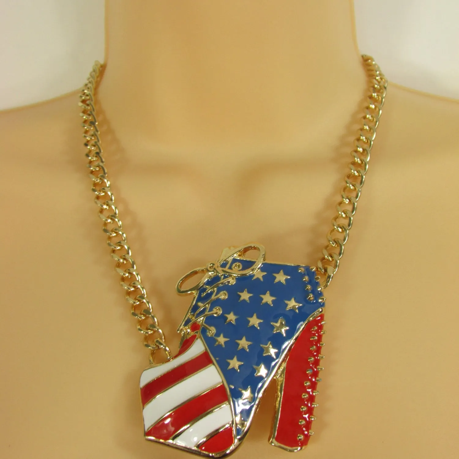 American USA Flag Patriotic Large Bootie Charm Short Necklace