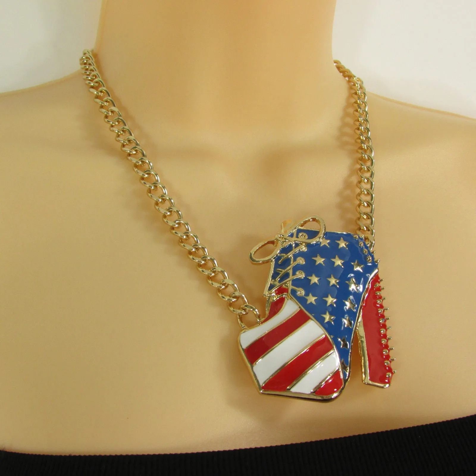 American USA Flag Patriotic Large Bootie Charm Short Necklace