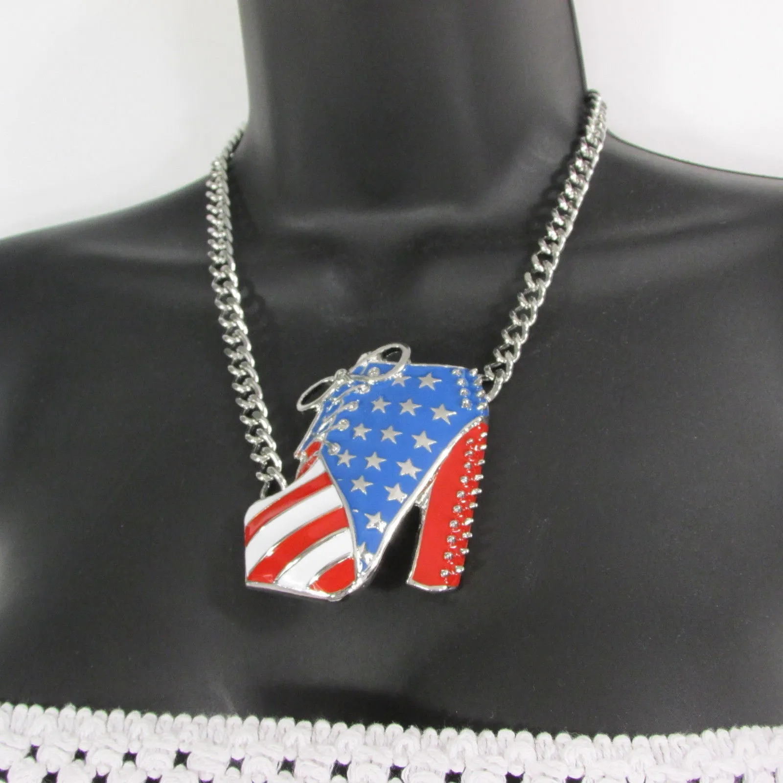American USA Flag Patriotic Large Bootie Charm Short Necklace