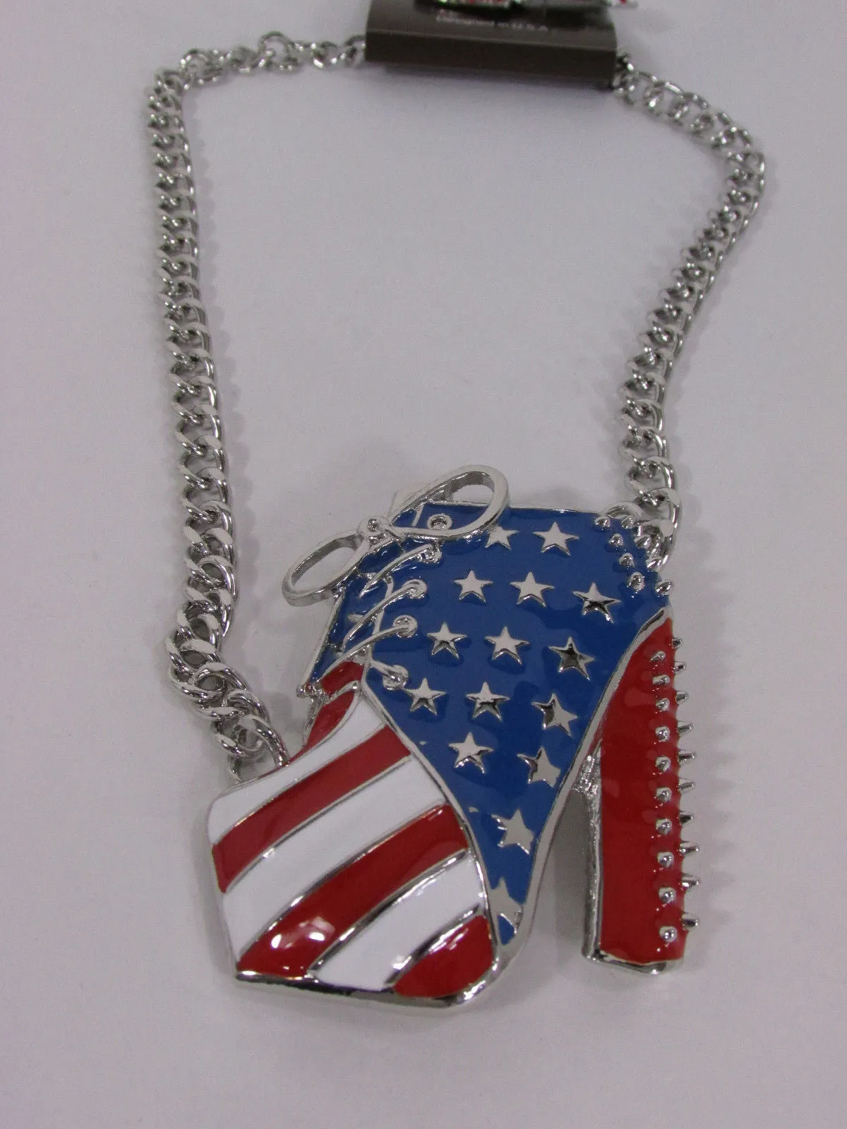American USA Flag Patriotic Large Bootie Charm Short Necklace