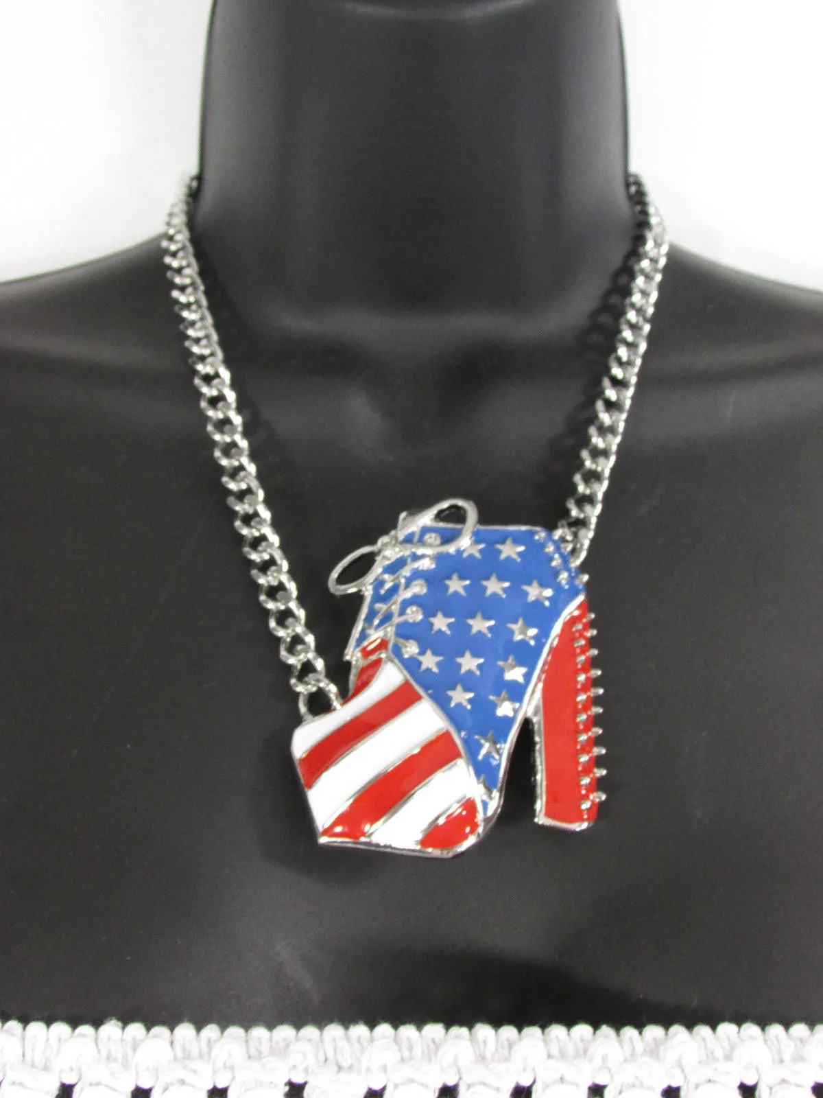 American USA Flag Patriotic Large Bootie Charm Short Necklace