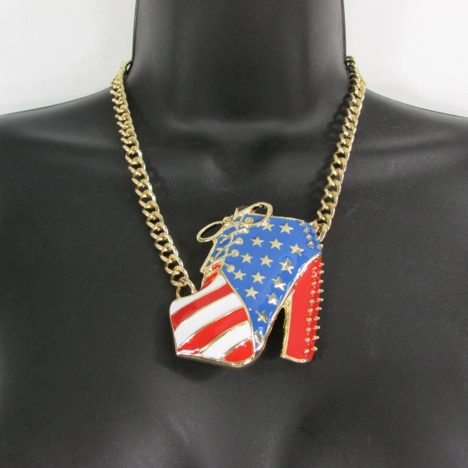 American USA Flag Patriotic Large Bootie Charm Short Necklace