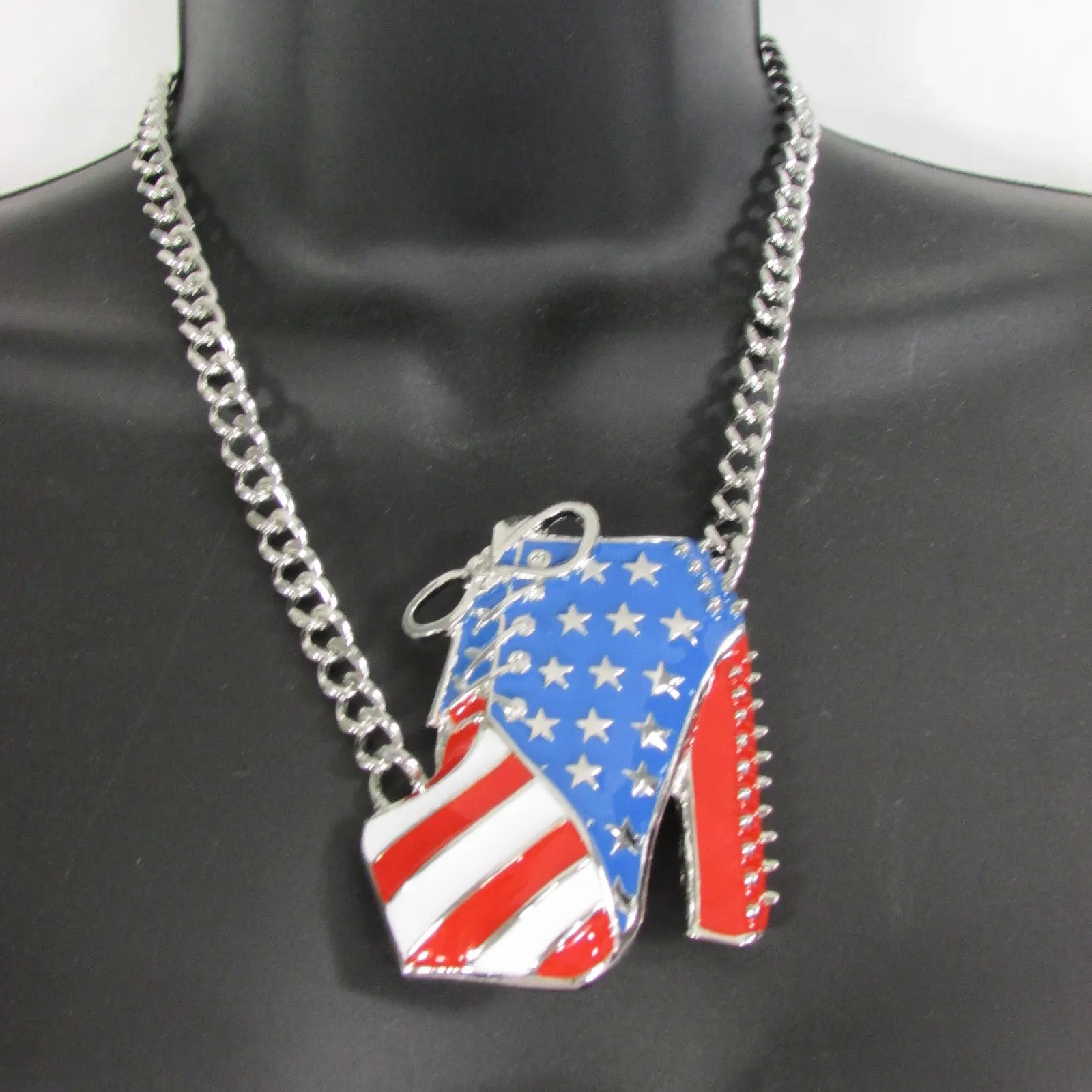 American USA Flag Patriotic Large Bootie Charm Short Necklace