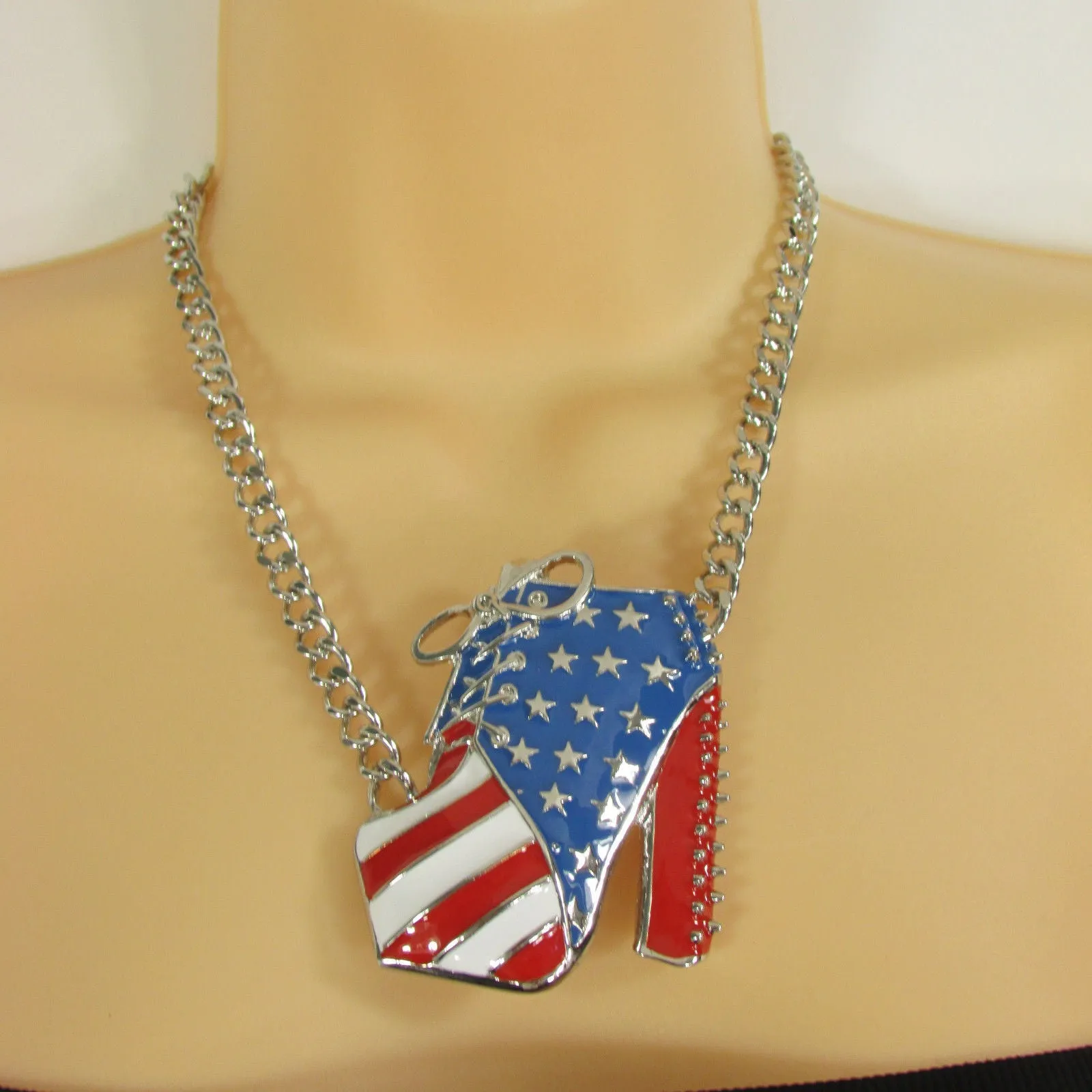American USA Flag Patriotic Large Bootie Charm Short Necklace