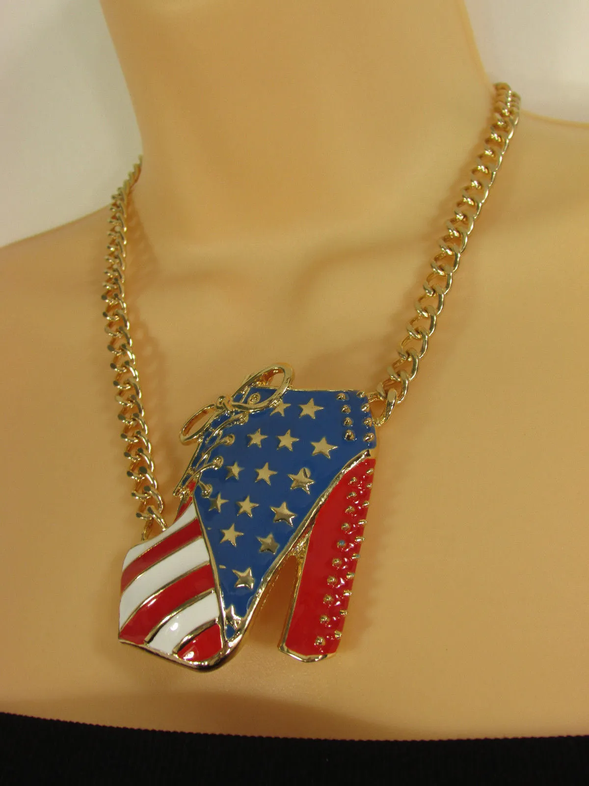 American USA Flag Patriotic Large Bootie Charm Short Necklace